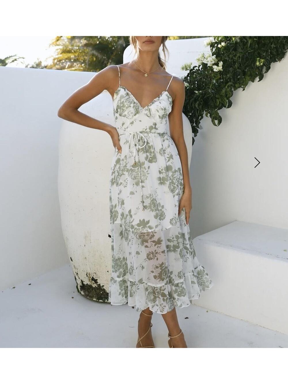 Hello Molly Dress Womens 10 White Green Floral Chiffon Midi V Neck Ruffle